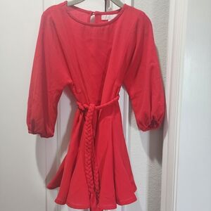 Size 4 Red Long Sleeve Dress with Braided Belt
